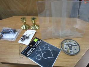 lot 644 image: SWAROVSKI CRYSTAL TRANSFER, ACRYLIC SIGN HOLDER STANDS, PARTYLITE TAPER CANDLE HOLDERS, FASHION JEWELRY EARRING AND NECKLACE SET, SCENTED OILS.