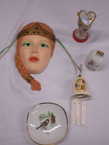 lot 685 image: PORCELAIN COIN JAR, BELLS, PAINTED FACE, PAINTED PLATE MADE IN GERMANY