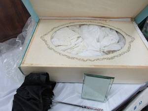 lot 687 image: VINTAGE WEDDING DRESS, UMBRELLA W UNIQUE HANDLE, NICOLE MILLER LEATHER BELT