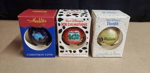 lot 102 image: Lot of 3 Schmid Collectors Gallery 1994 Disney Christmas Ornaments in Boxes - Bambi, 101 Dalmations, Aladdin