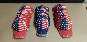 lot 89 image: Lot of 12 NEW Blinged Out American Flag Adjustable Hats - 8 Red, 4 Blue