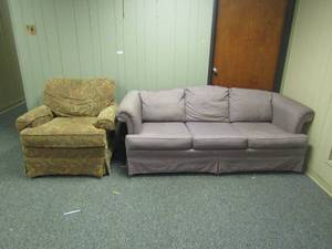 lot 205 image: Dark gray sofa and large floral chair both unbranded