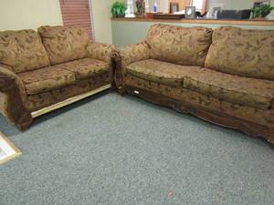 lot 206 image: Wood framed love seat and sofa autumn design all cushions minor scratches  matching