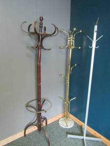 lot 208 image: Three 6 coat racks- solid wood, aluminum, and metal with marble base