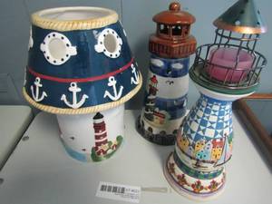lot 223 image: 2 tier tea light  house, hand painted 9 lighthouse, Jim Shore tea light candle compass lighthouse
