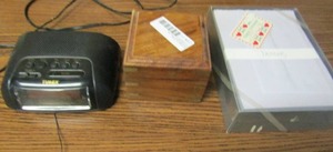 lot 227 image: Timex radio alarm clock- compass wooden box-happy holiday cards and envelopes