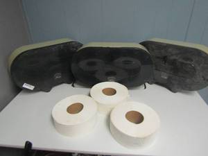 lot 236 image: 3 Kimberly clark industrial toilet paper holders (double sides) with 3 rolls