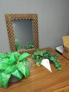lot 242 image: 8 wall hanging, ceramic pot with artificial plant and 24x17 wicker wall mirror