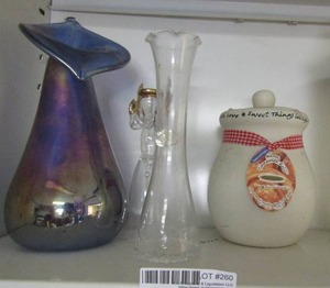 lot 260 image: Purple Hand Blown Glass Vase by Craig Hedgecock 2000 vase and tea pitcher, pottery candle burner,