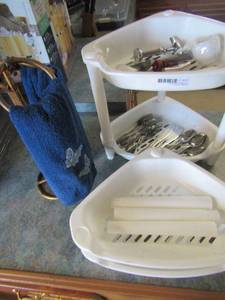 lot 283 image: 2 tier fruit stand, long 2 tier fruit stand with cutlery, bottle opener, towel rack and ice cream scoop