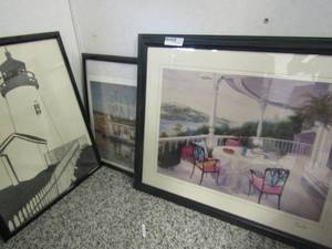 lot 299 image: Lot of 3 framed lighthouse and porch artwork