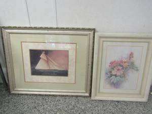 lot 311 image: Framed Art- sailboat 26x33 and floral 21x25