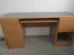 lot 324 image: Office desk with cabinet top, pull out keyboard tray, missing drawer 59.5 wide 28.5 tall