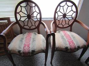 lot 313 image: 2 fabric and wood armchairs 41 tall 26 wide