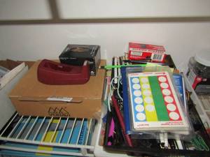 lot 321 image: Office supplies- staplers, pens, binder clips, tape dispenser, etc.
