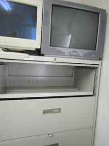 lot 342 image: 5 drawer file cabinet 64x36x18 and Apex tube TV and CTX monitor