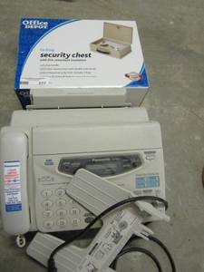 lot 377 image: Office depot security chest NIB and Panasonic KX-FP121 Fax