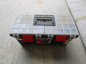lot 390 image: Toolbox with plyers, screwdrivers, wrenches, pry bar etc.