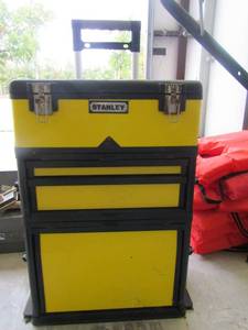 lot 197 image: Stanley rolling toolbox with built-in air compressor plus Delmhorst BD-10 resistance moisture meter 31 tall 21w