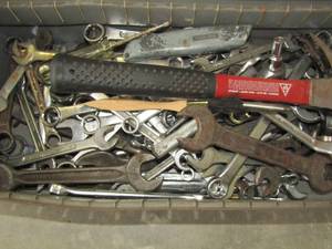 lot 194 image: metal bin full of wrenches, sockets, hammers and screwdrivers etc.