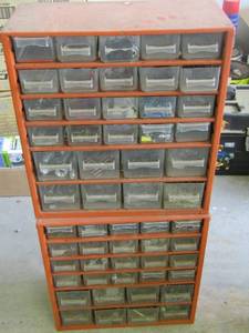 lot 191 image: set of 2 metal organizers with plastic drawers and all contents 13x6x12