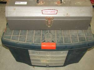 lot 31 image: Craftsman gray metal tool box with assorted tools & Med blueorange tool box with tray