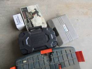 lot 39 image: Craftsman soldier gun, DeWalt trim router model #DW670 in tool box, door install kit and 2 empty storage cases