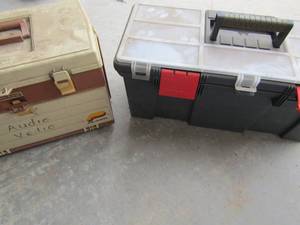 lot 41 image: 2 tool boxes with misc. Tools wrenches, grinders, drill bits, miracle drivers, screws, nuts, bolts