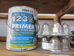 lot 50 image: ZINZZER WHITE PAINT, 2PAVKS OF LUGNUT COVERS ( ONE IS MISSING 1)