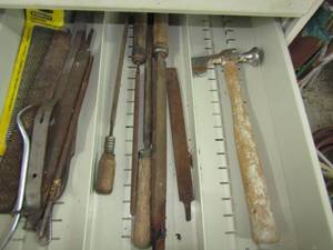 lot 86 image: Various large metal files crowbar  hammer ax and tool