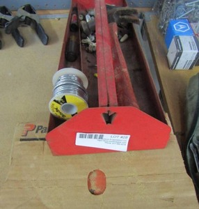 lot 28 image: Box of nails for nail gun metal tray with hammer and roll of solider