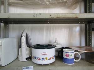 lot 122 image: Proctor-Silex toaster, Panasonic iron Rival crockpot, food slicer, large  round casserole with lid 2 qt. 2 mugs