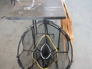 lot 187 image: 2 TV trays, folding Target tossing game basket, square workshop table 24x24x29T