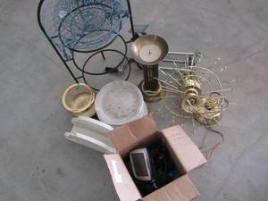 lot 144 image: Garmin GPS system, hanging gold fixture, candle holders, meat slicer, plate stand, hanging basket set of 14 white buffet plates