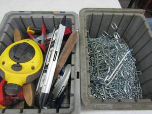 lot 402 image: 2 GREY STORAGE BINS - W CHAIN, LEVELS, STANLEY  & MORE