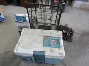 lot 410 image: POSTMASTER MAILBOXES WPOSTS BLACK ROLIING CART, SMALL RADIATOR, THERMO-ELECTRIC COOLERWARMER