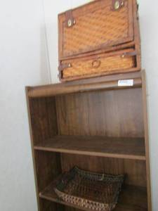 lot 352 image: PICNIC BASKET & WOODEN SHELF 72X 28