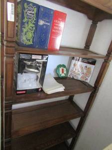 lot 354 image: BROWN WOODEN SHELF 6 TIERS  74X34 3 OXFORD NOVELS  JOHN WAYNE,  TEASER GAME
