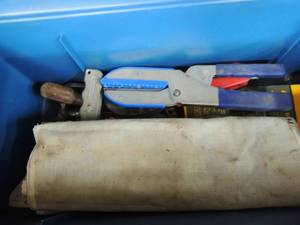 lot 25 image: Rubbermaid toolbox with various tools wrenches, cutters, pliers, etc.
