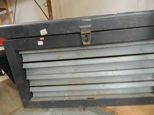 lot 82 image: Large metal TOOL BOX  W DRAWERS -  with clamps, sockets, sand paper, PIPE WRENCH and more 22x12x13