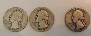 lot 20 image: WASHINGTON QUARTERS 1941, 1943, 1946  DENVER MINT