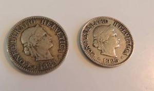 lot 59 image: 1884 Confoderation Helvetica 10 Rappen     1925 Confoderation Helvetica 5 Rappen