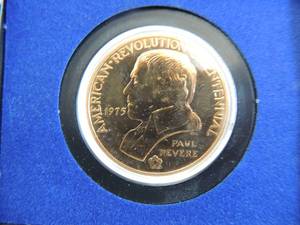 lot 108 image: AMERICAN REVOLUTION BICENTENIAL COIN PAUL REVERE  SHOT HEARD AROUND THE WORLD  1975 BICENTENNIAL MEDAL