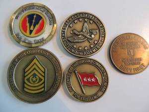 lot 126 image: Military Challenge coins- U,S. Army garrison Fort Bliss, 31st ADA Brigade excellence, First in Space by USASSC Commanding General, U.S. Army 102 MI-Korea, Fort Riley, Kansas Duty 1st ( qty.5)