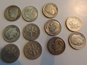lot 138 image: Roosevelt dimes 1953 S x 2, 1951 S x 1, 1951D x 2, 1951 x1, 1954D x 2, 1957D x 1, 1956D x 3, 1955D x 1, 1959D x 1,1959 x 1
