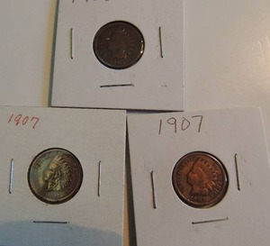 lot 153 image: Indian Head Pennies 1906, 1907, 1907