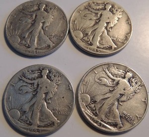 lot 157 image: Walking Liberty Half dollar 1941,1943,1944,1945