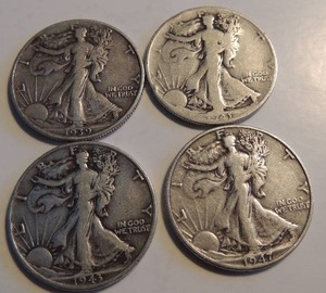 lot 162 image: Walking Liberty Half dollars 1939, 1941,1943,1947