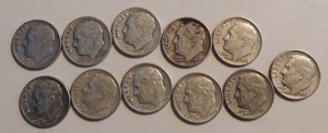 lot 165 image: Roosevelt dimes 1947, 1950,1952,1961,1963 x 2, 1964 x 4,1967 qty.11
