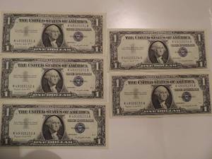 lot 1 image: 1957 SILVER CERTIFICATE ONE DOLLAR BILLS -  SERIES 1957A CONSECTIVE NUMBERS 51-55     CRISP  UNC   (X $$)